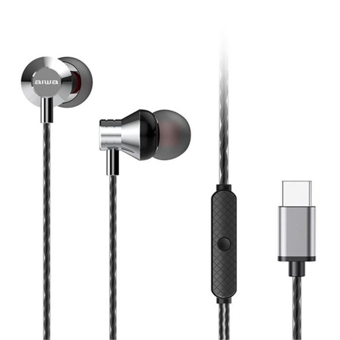 Aiwa ESTM-50USB-C/SL Auriculares Intrauditivos con Micrófono USB-C, Sonido HYPERBASS, Graves Potentes, Diseño Ergonómico Plateados