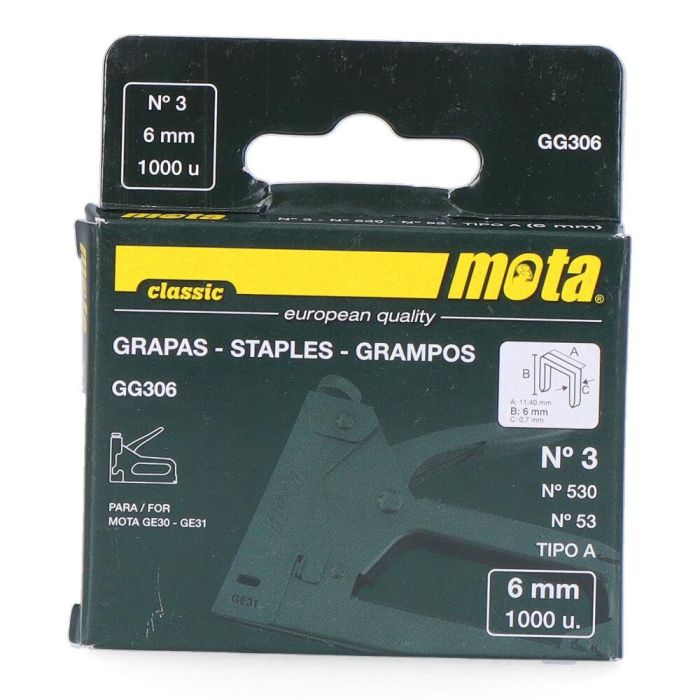 Grapas nº 3 de 6mm 1000 unid. espesor 0,7mm gg306 mota