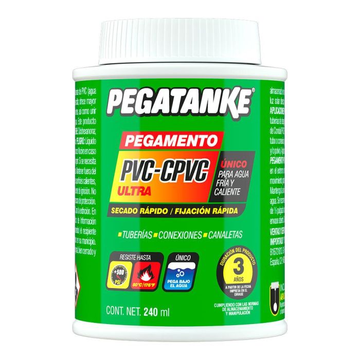 Pegatanke Pegamento Tuberías PVC y CPVC, 240 ml, Alta Resistencia para Agua Fría y Caliente