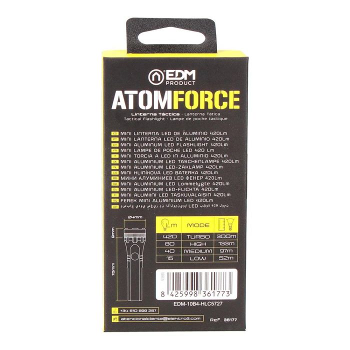 Edm Linterna LED Atom Force, 10W, 420 Lm, Recargable USB-C, Mini, Aluminio 6