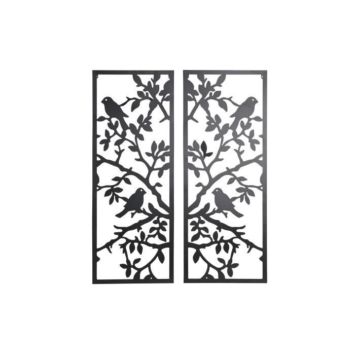 DKD Home Decor Decoración Pared Metálica Shabby con Pájaros Negro 90x70 cm Set de 2 Piezas