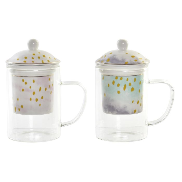DKD Home Decor Mug Infusiones Glam 300ml de Cristal y Porcelana Rosa Verde Menta Transparente, Apto Microondas y Lavavajillas (Set 6 Unidades)
