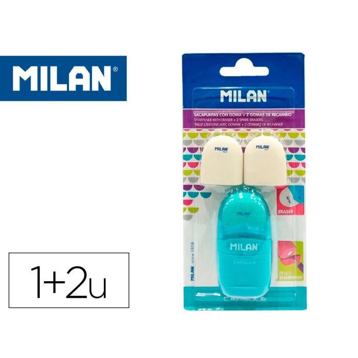 Sacapuntas Milan Capsule Plastico 1 Uso Con Goma + 2 Recambios De Goma En Blister