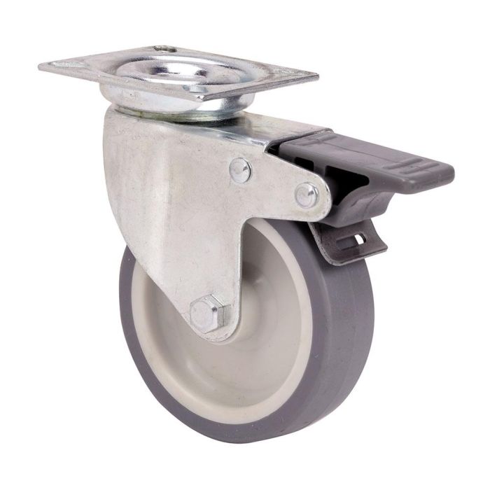 Rueda giratoria de goma con placa, eje liso y freno, color gris, carga máx. 40 kg, ø 5 cm Rueda giratoria de goma con placa, eje liso y freno, color gris, carga máx. 40 kg, ø 5 cm