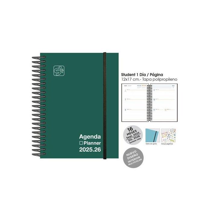 Agenda Anual (2025-26) Senfort 16 Meses Iki Unicolor Espiral Tapa Pp Con Goma 155X215 S/V Verde