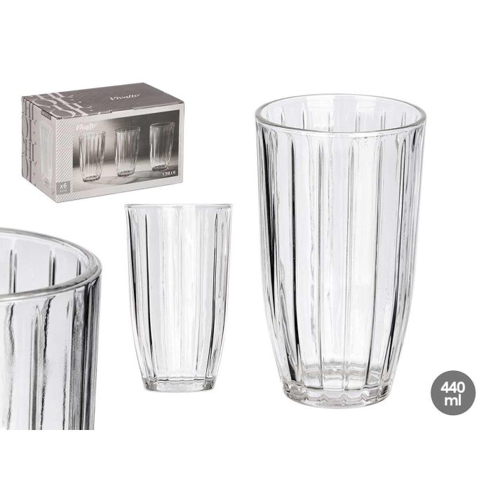 Vivalto Vaso Alto Rayas Transparente 440 ml - Vidrio Elegante para Bebidas, 8.3x14.2x4.8 cm, No apto Lavavajillas/Microondas (Set de 24)