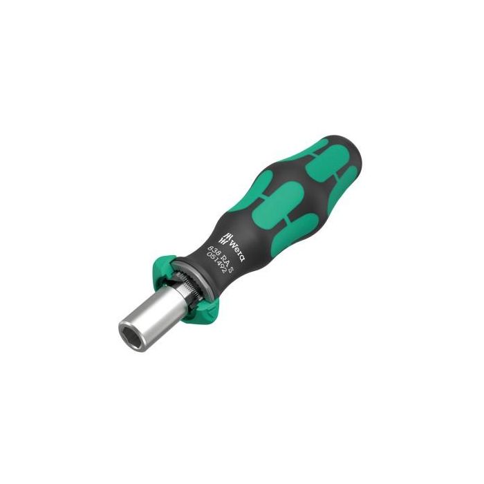 Wera 838 RA S Bits-Handhalter con función de trinquete 1/4", 120 mm, 70 g, negro/verde para destornillador plano
