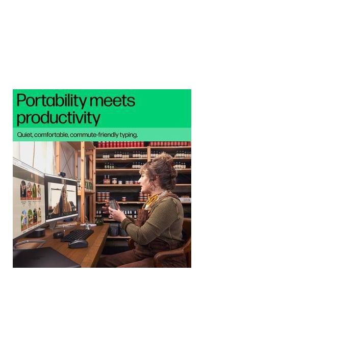 HP Compact Bluetooth keyboard supporting up to three devices, full-size layout, spill-resistant design, long battery life. 6