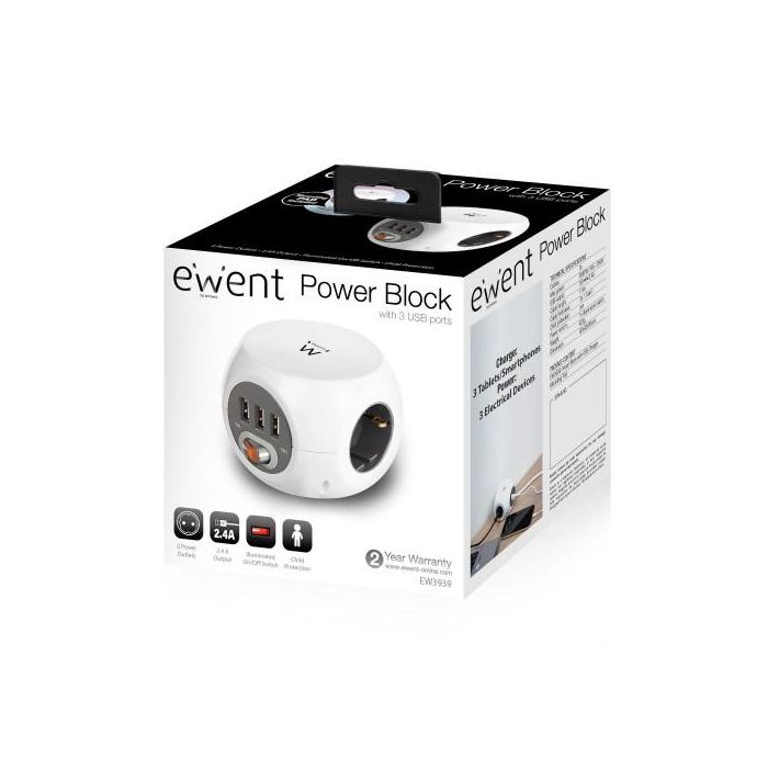 Regleta Enchufes Cubo Ewent EW3939 USB 5V 2A Blanco 7