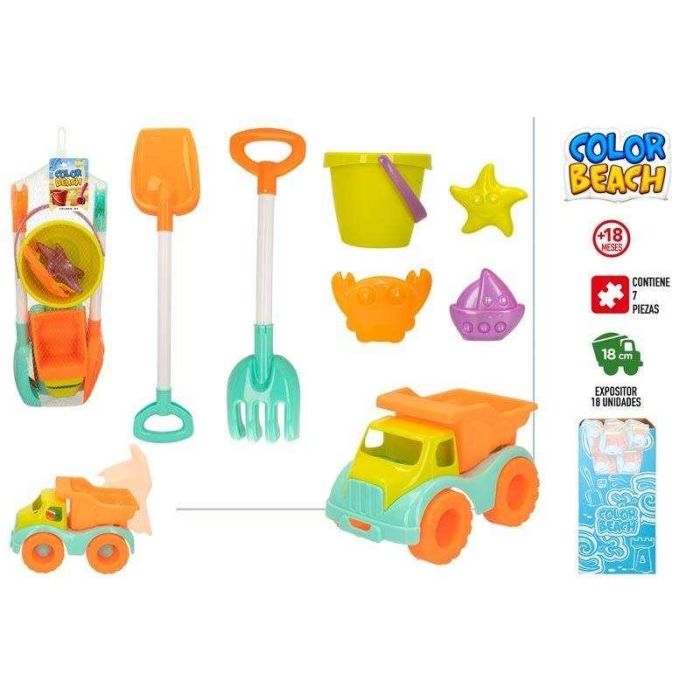 Color Baby Camión de Playa 18 cm con Pala, Rastrillo, Cubo y 3 Moldes - Juguete Infantil para Verano 1