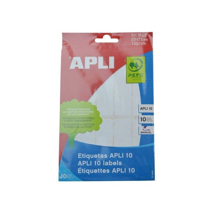 Apli 01643 Etiquetas Autoadhesivas Rectangulares Permanentes Blanco 20x75 mm, 100 unidades