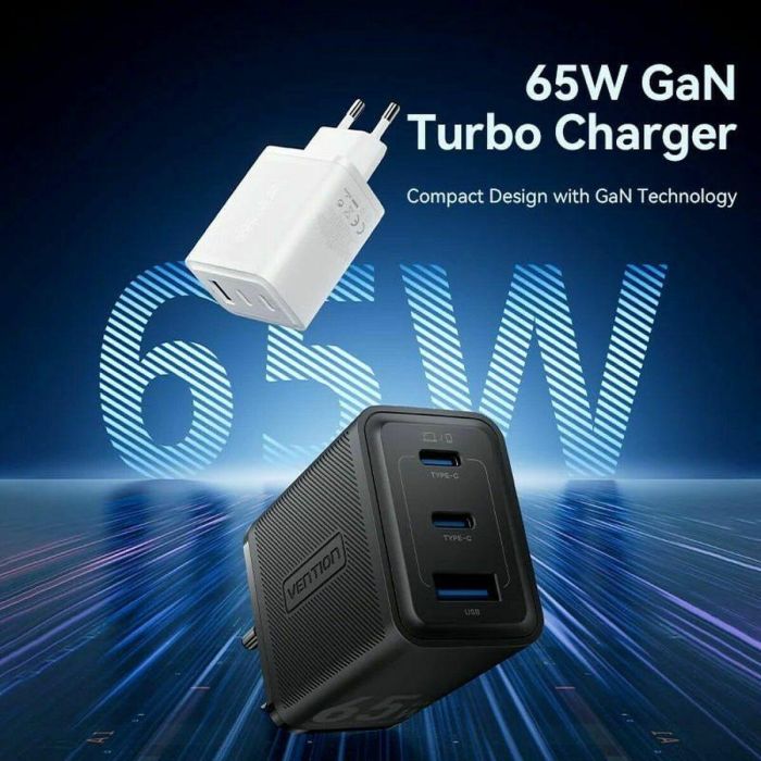 Vention FERW0-EU Cargador de Pared GaN de 65W con 3 Puertos USB (2x Tipo-C, 1x Tipo-A) Blanco, Carga Rápida PD 3.0/QC 3.0 2