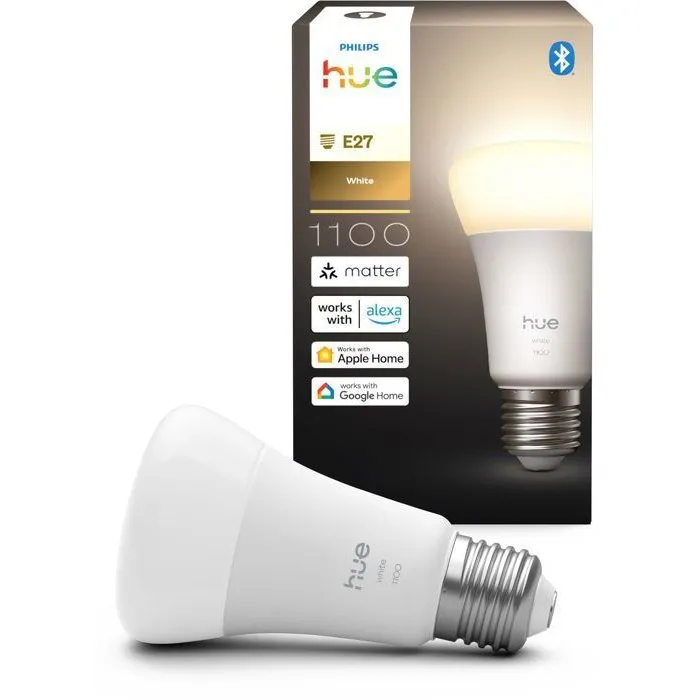 Philips Hue Bombilla LED Conectada A60, 9.5W 1100 Lúmenes, Luz Blanca Cálida 2700K, Casquillo E27