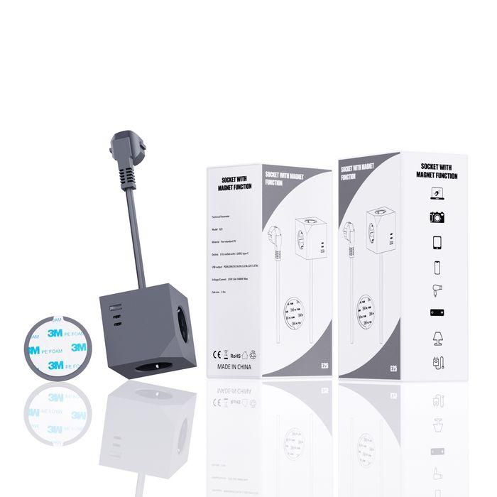 MicroConnect 3 Tomas Schuko, 2 USB-C, 1 USB-A, Cubo Energía Magnético con Cable 1.5m, Gris Oscuro 1