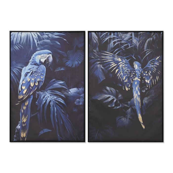 Cuadro Home ESPRIT Azul Negro Dorado Loro Tropical 83 x 4 x 123 cm (2 Unidades)