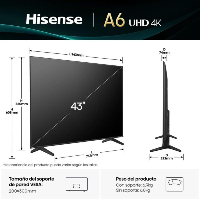 Hisense 43A6Q Televisor 109,2 cm (43") 4K Ultra HD Smart TV Wifi Negro 300 cd / m² 16