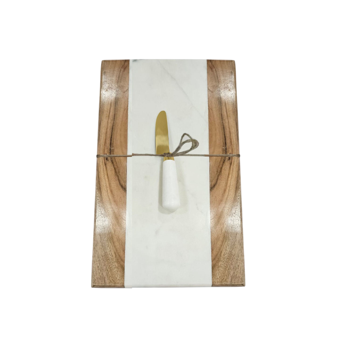 DKD Home Decor Tabla de Cortar Cocina Urban de Mármol y Madera de Acacia Blanco Natural 38x23x2 cm - Set de 2