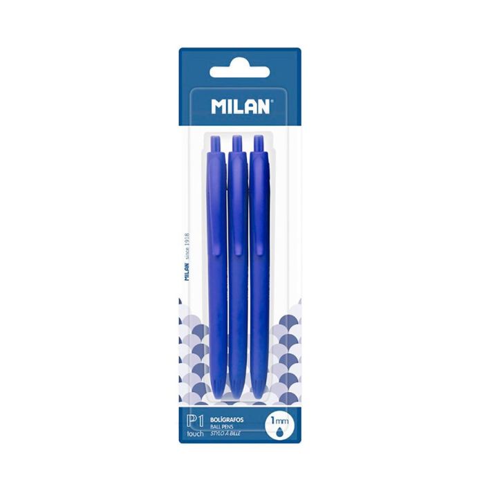Milan Bolígrafo Pi Touch, Blister 3 Unidades, Color Azul, Punta 1mm, Escritura 1.200m, Tinta Alemania 1