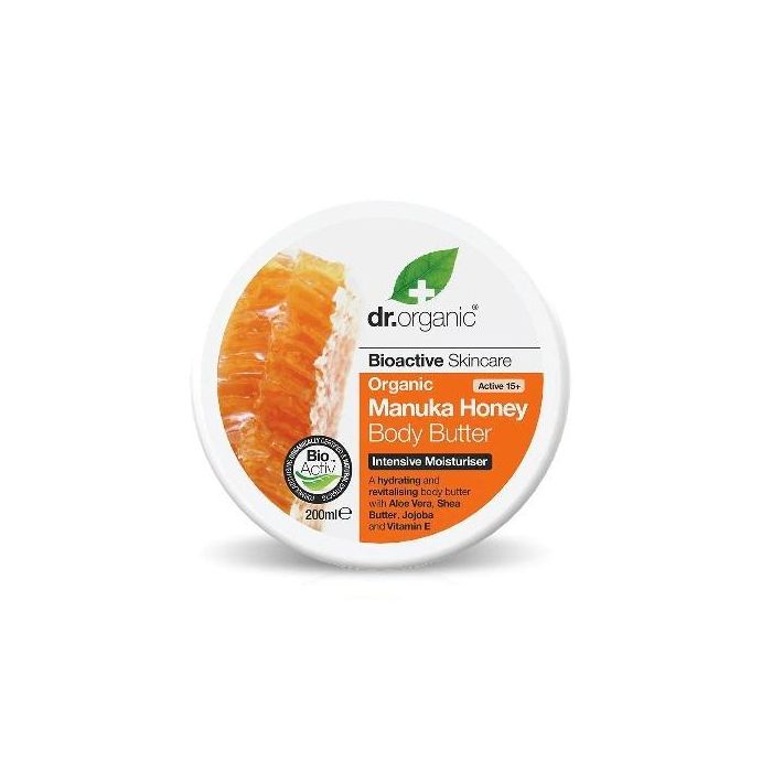 DR. ORGANIC Crema Corporal Miel de Manuka 200ml – Hidratante y Nutritiva para Piel Seca, con Aloe Vera y Manteca de Karité