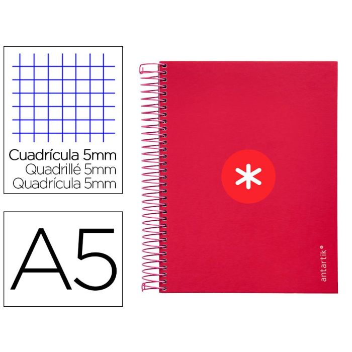 Cuaderno Espiral A5 Micro Antartik Tapa Forrada120H 90 gr Cuadro 5 mm 5 Bandas6 Taladros Color Frambuesa