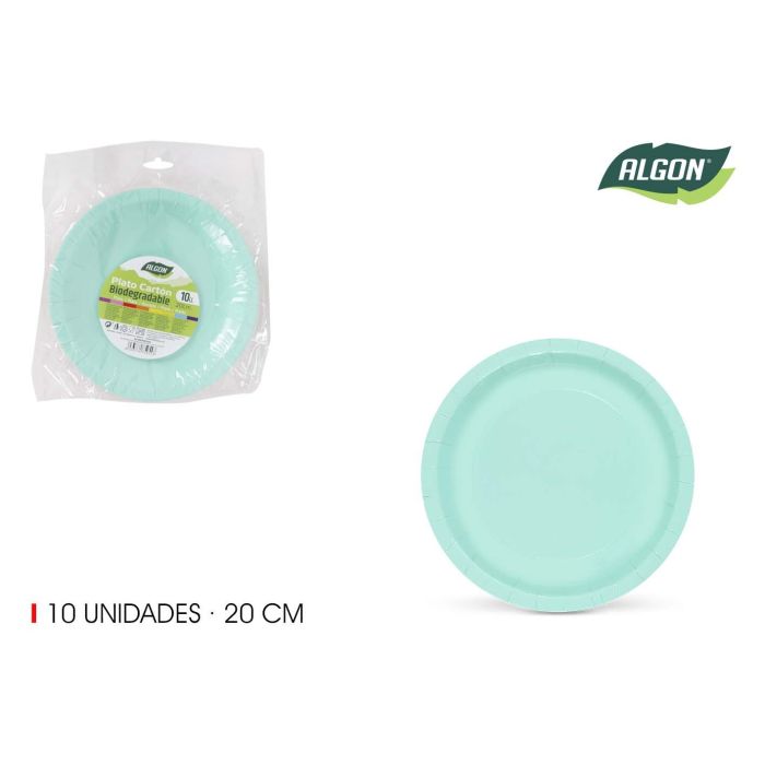 Set de 10 platos de cartón Aguamarina Soja 20 cm Algon (36 Cajas) Set de 10 platos de cartón Aguamarina Soja 20 cm Algon (36 Cajas)