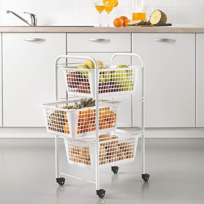 Metaltex San Diego - Carrito Auxiliar Multiusos de Metal con 3 Cestos Extraíbles, 4 Ruedas, Color Blanco, 30 x 38 x 68 cm