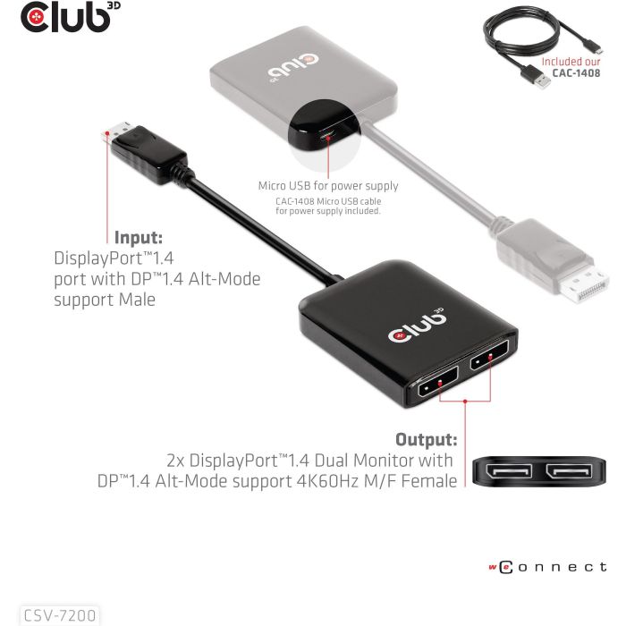 Club3D Multi Stream Transport Hub 1x DisplayPort a 2x DisplayPort 1.4, 4K 3840x2160 Pixeles 10 Club3D Multi Stream Transport Hub 1x DisplayPort a 2x DisplayPort 1.4, 4K 3840x2160 Pixeles 10