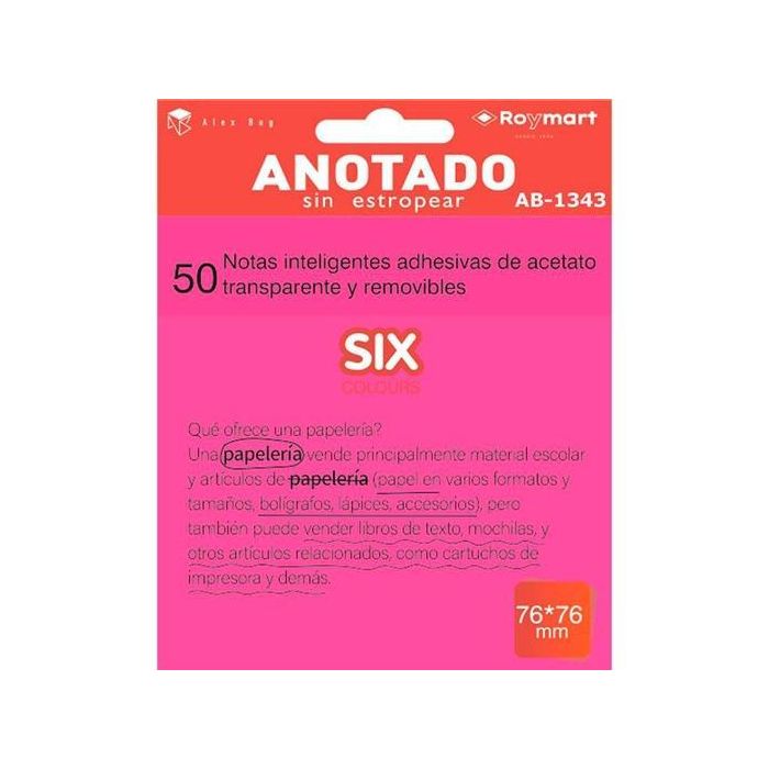 Roymart Bloc Notas Adhesivas Inteligentes Removibles 50H 76x76 Acetato Transparente Rosa Fluorescente