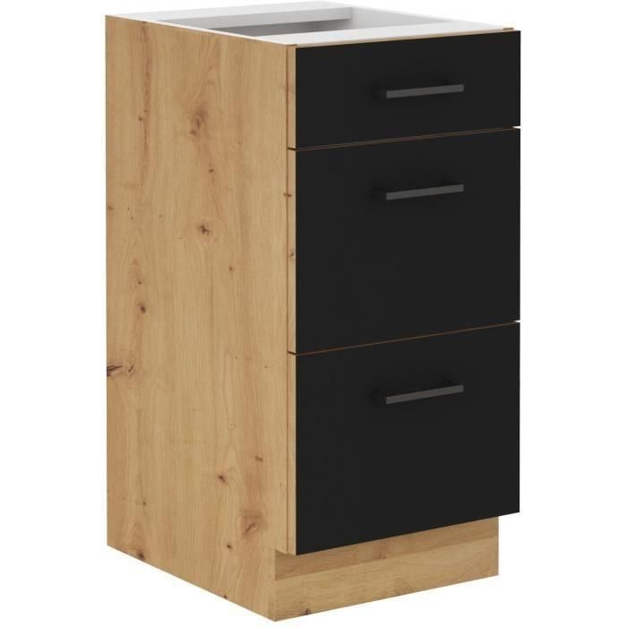 Mueble bajo cazuela - 40 cm - 3 cajones - Roble artesanal y negro mate - CUISINIER 1 Mueble bajo cazuela - 40 cm - 3 cajones - Roble artesanal y negro mate - CUISINIER 1