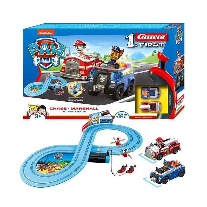Pista carrera paw patrol, incluye 2 coches (chase y marshall) 2,4 metros Pista carrera paw patrol, incluye 2 coches (chase y marshall) 2,4 metros