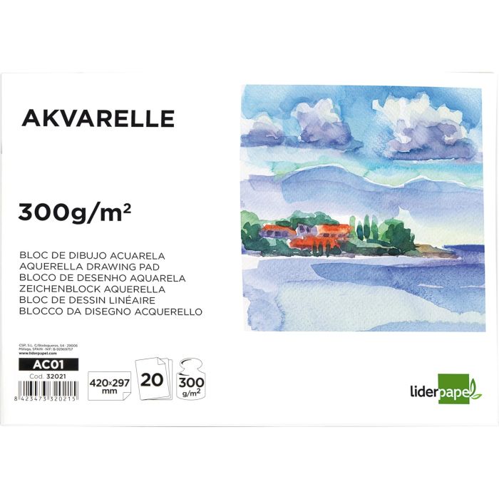 Liderpapel Bloc Dibujo Acuarela Encolado A3 20 Hojas 300g/m2 1