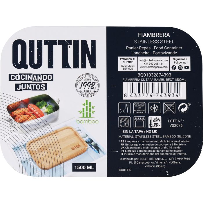 Quttin Fiambrera acero inoxidable con tapa de bambú rectangular 1500 ml - 20.5 cm x 15 cm x 7.7 cm (6 Unidades) 3