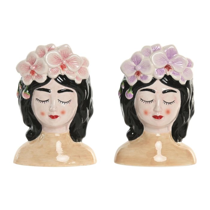 DKD Home Decor Macetero Oriental Rosa Lila Cerámica (4 Unidades) 7 x 12 x 8 cm