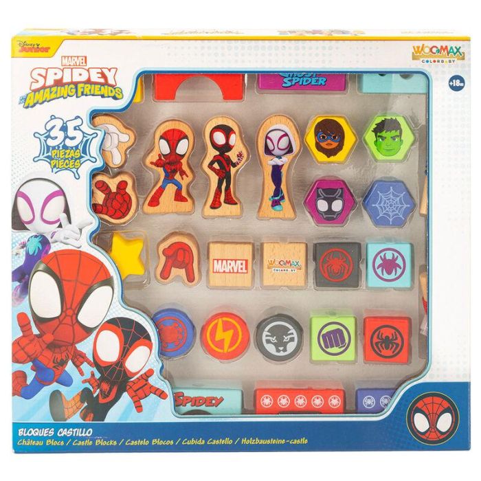 WOOMAX Playset Madera Spidey Marvel con 35 Piezas para +18 Meses