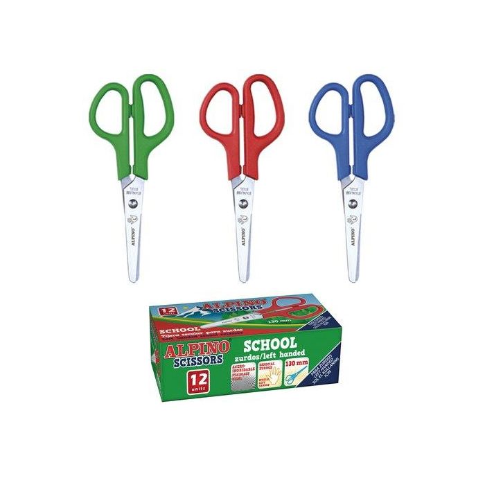 Alpino Tijeras Escolares para Zurdos de Acero Inoxidable 130mm - Set de 12 Unidades Colores Surtidos (Set de 12)