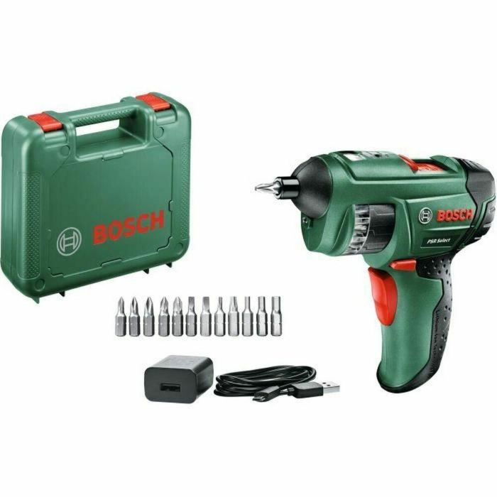 Bosch PSR Select Destornillador Inalámbrico 3,6V 1,5Ah con Batería Recargable Micro USB, 12 Puntas Integradas y Cilindro Giratorio