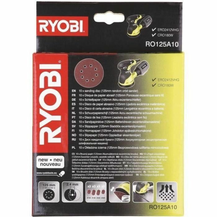 Ryobi 10 discos de 125 mm para lijadora excéntrica, agarre automático, granos 100/120/240/320