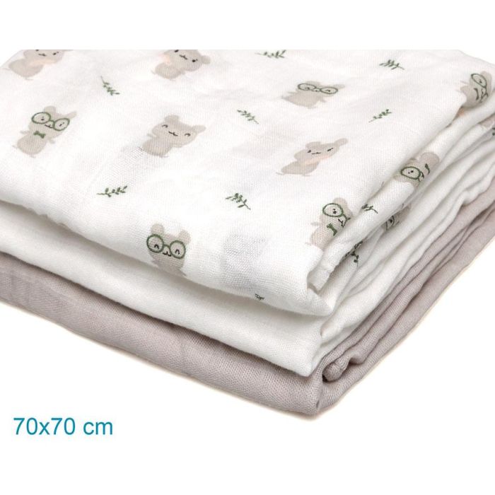Set De 3 Muselinas Gris, Blanco Y Estampado Ratoncitos 70x70 cm