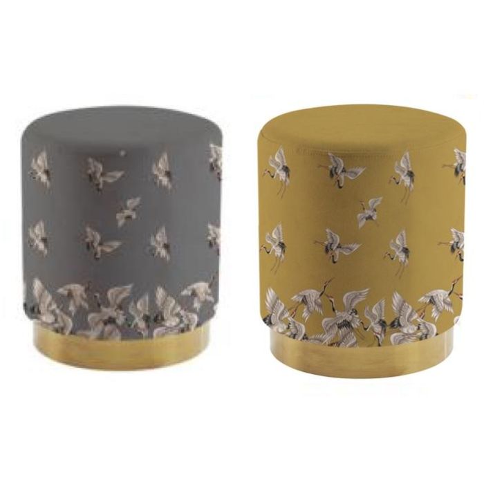 DKD Home Decor Reposapies Oriental con Garzas de Poliéster y Metal Gris, Mostaza y Dorado 32x32x38 cm Pack 2 Unidades