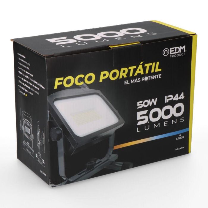Edm Foco/Proyector Led Recargable 50W 5000 Lm 6500K Aluminio Con Power Bank 3