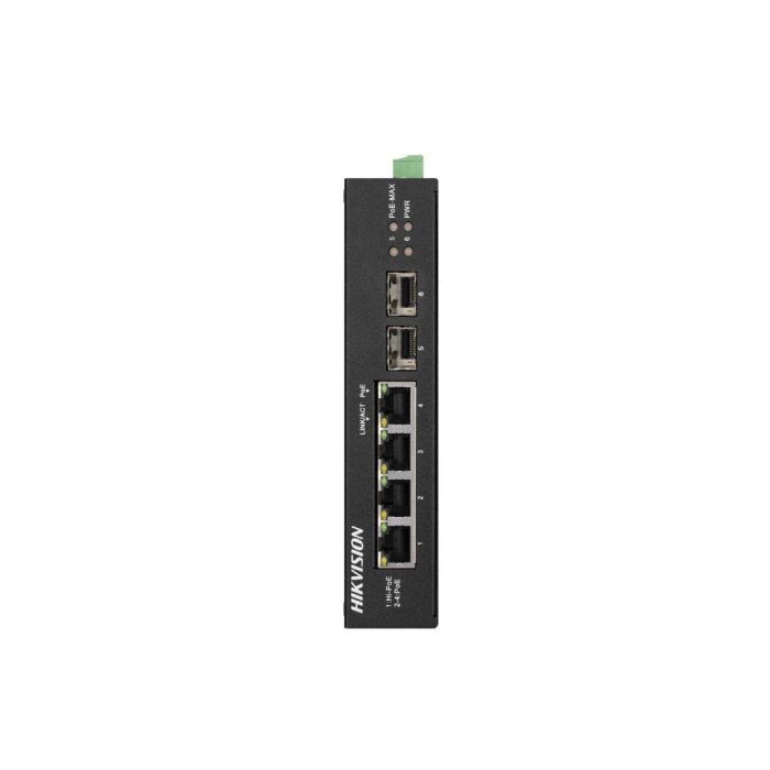 Hikvision Switch PoE Fast Ethernet no gestionable L2, 4 puertos RJ45 PoE, 2 SFP Uplink. Hi-PoE 60W, 6KV protección, -30~65°C