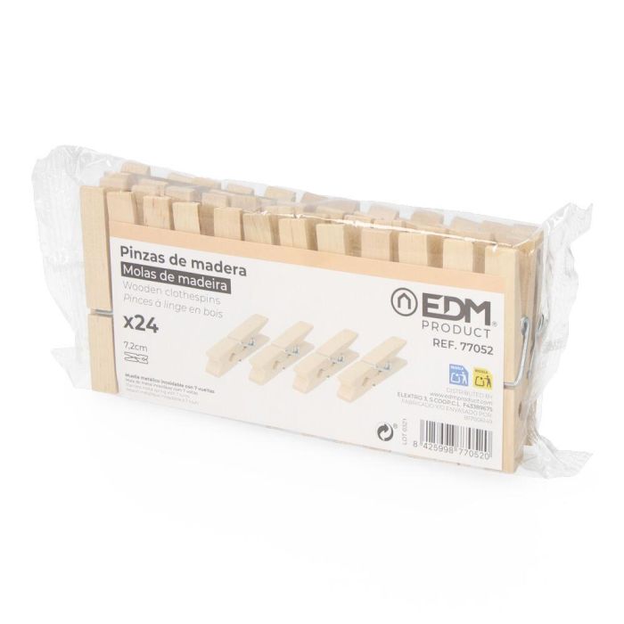 Edm 24 Pinzas de Madera para la Ropa, Muelle Metálico Inoxidable, Medida 7 cm 1