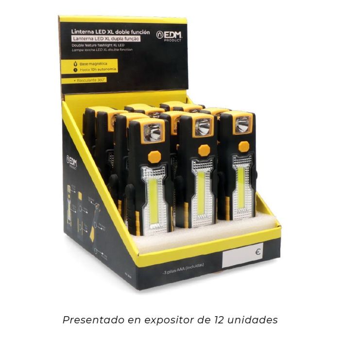 Edm Linterna LED XL Doble Función con Gancho e Imán, 1W 70LM + 5W 230LM, Cabezal y Soporte Basculante, 3xAAA Incluidas 4 Edm Linterna LED XL Doble Función con Gancho e Imán, 1W 70LM + 5W 230LM, Cabezal y Soporte Basculante, 3xAAA Incluidas 4