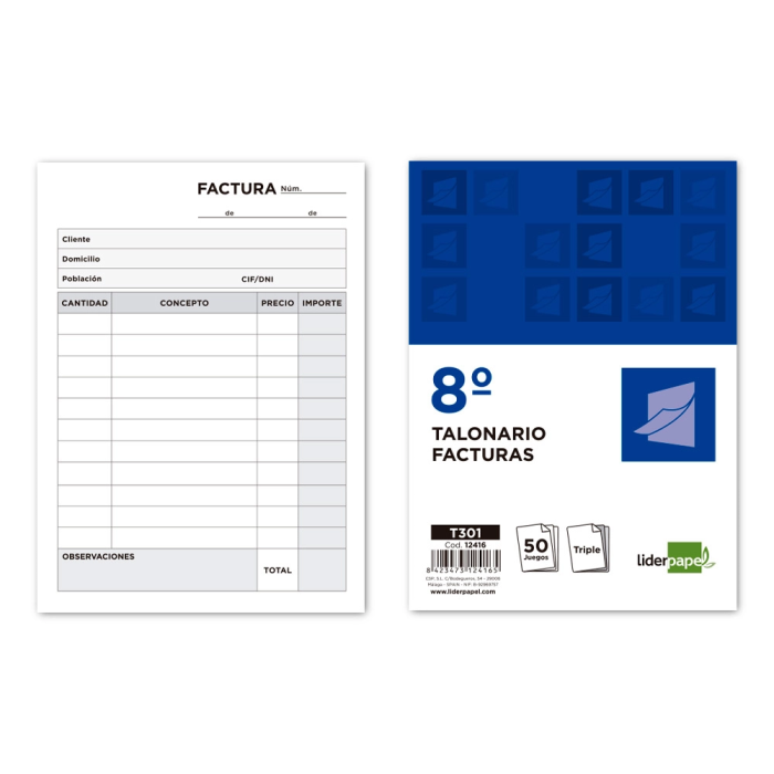 Liderpapel Talonario T301 Facturas 8º Original y 2 Copias