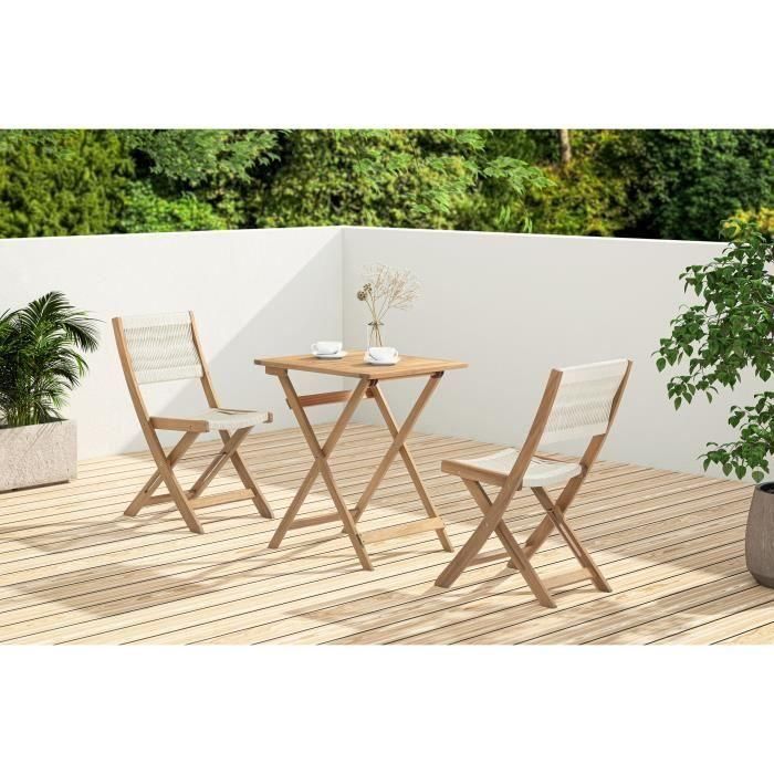 Conjunto de bistró plegable de madera de acacia FSC con tejido de cuerda beige - 2 personas - MAKENA 1 Conjunto de bistró plegable de madera de acacia FSC con tejido de cuerda beige - 2 personas - MAKENA 1