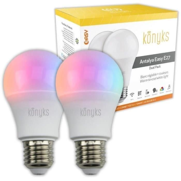 2 bombillas LED - KONYKS - Antalya Easy E27 Dual Pack - Wifi + Bt - 11 W - Colores + Blanco - Compatible con Alexa / Google Home