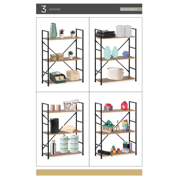 Confortime Estanteria 3 Niveles Metal-Madera Negra 85 cm Ancho x 25 cm Largo x 7 cm Alto 6