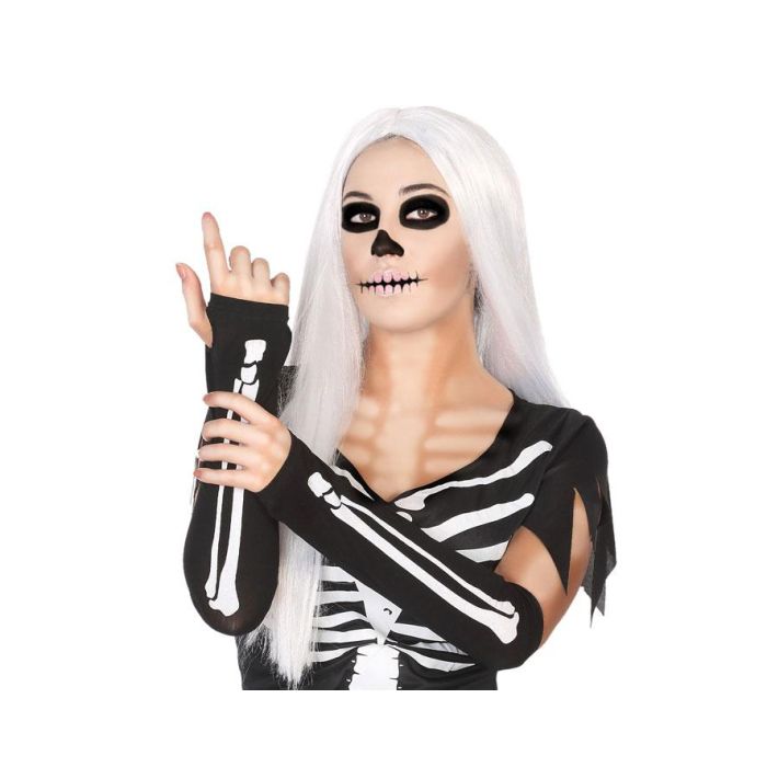 Guantes Largos Negros con Huesos Impresos para Disfraz de Esqueleto y Halloween para Adulto 0 Guantes Largos Negros con Huesos Impresos para Disfraz de Esqueleto y Halloween para Adulto 0
