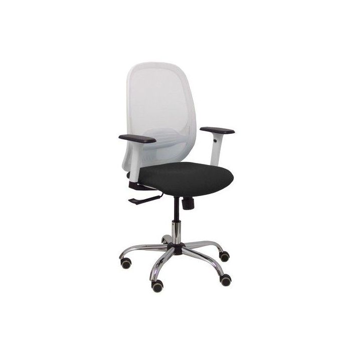 Silla Piqueras Y Crespo Cilanco Blanca Uso Intensivo Brazos Regulables Mecanismo Sincro Con Regulador De Tension Refuerzo Lumbar Regulable Base Cromada Ruedas Parquet Respaldo De Malla Blanca Y Asiento Tapizado Similpiel Negro