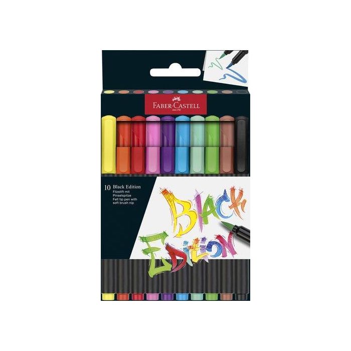 Faber-Castell Rotuladores de Fibra Edición Black Punta Pincel Colores Surtidos Caja de 10 Unidades